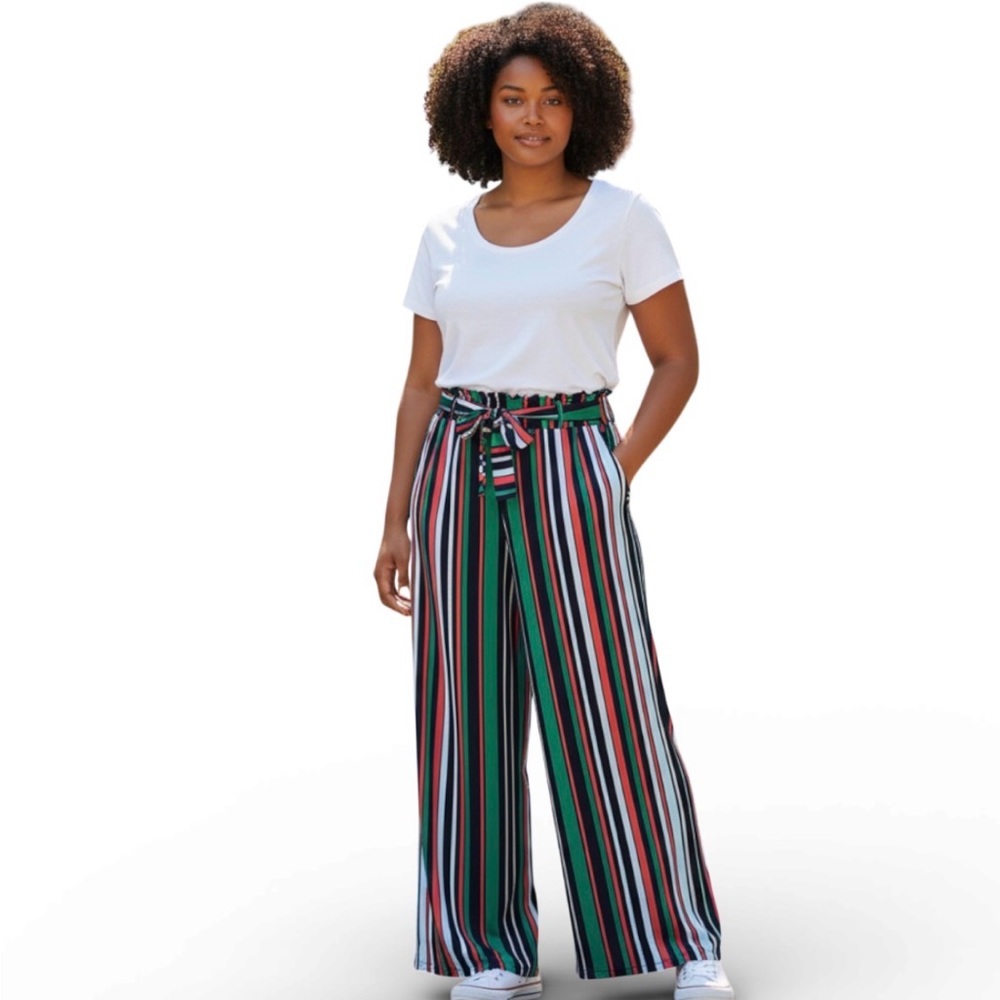 Route 3 Women's Wide Leg Multicolor Striped Palazzo Pants L EUC Boho Cottagecore